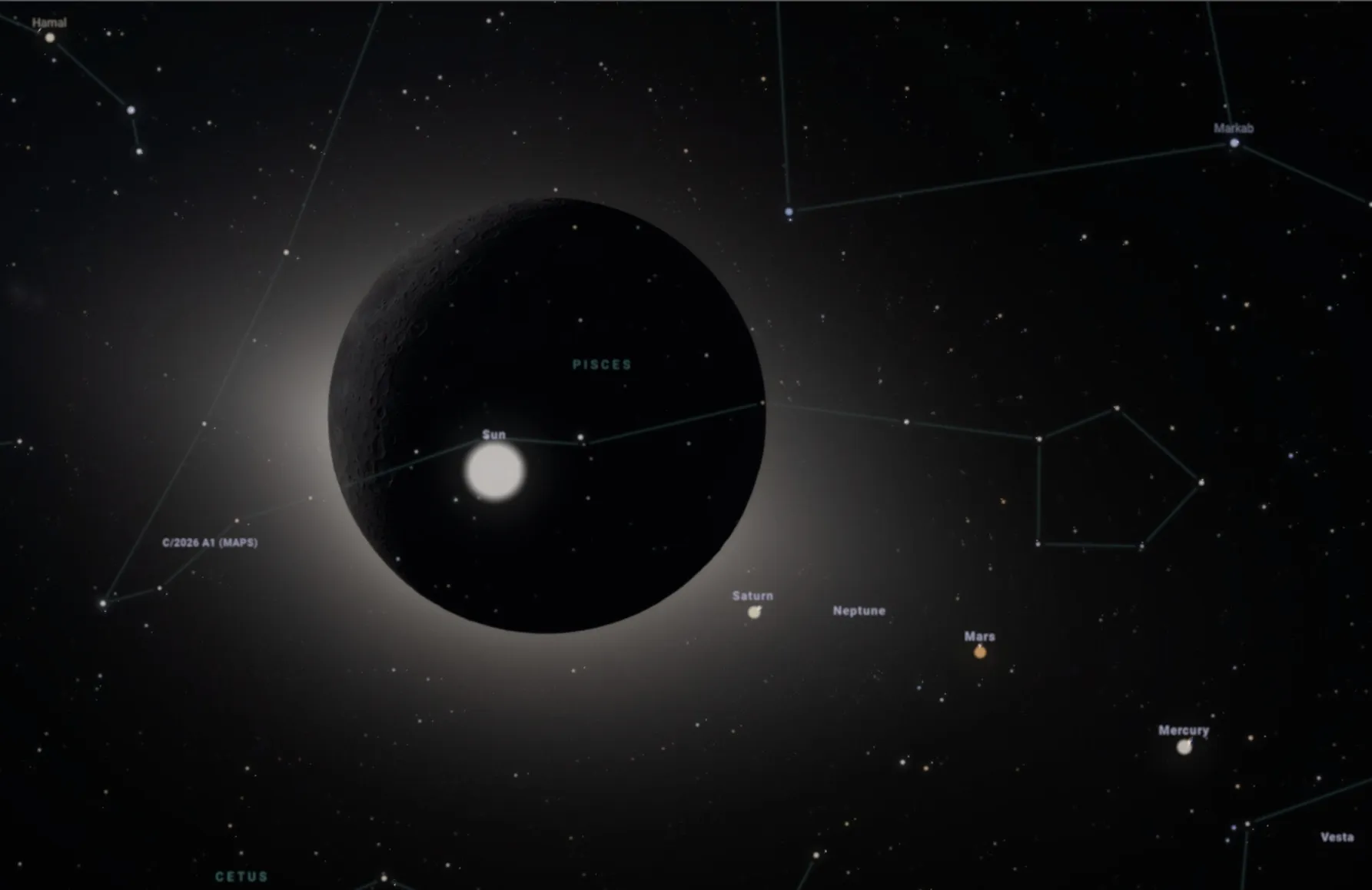 Artemis eclipse on Stellarium sky background